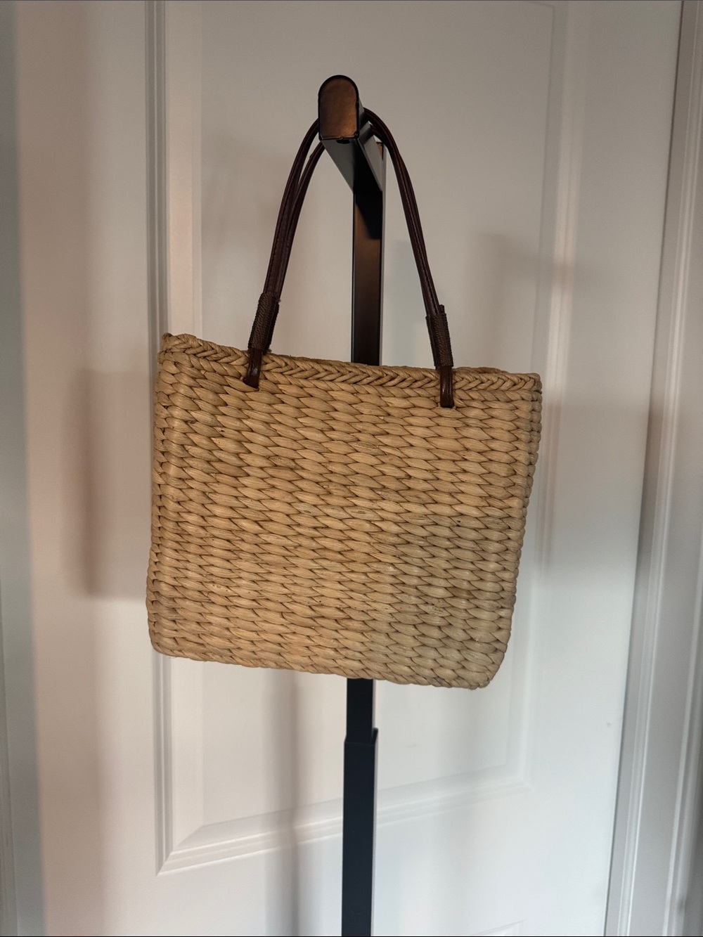 Woven Straw Tote Bag with Brown Handles - Natural